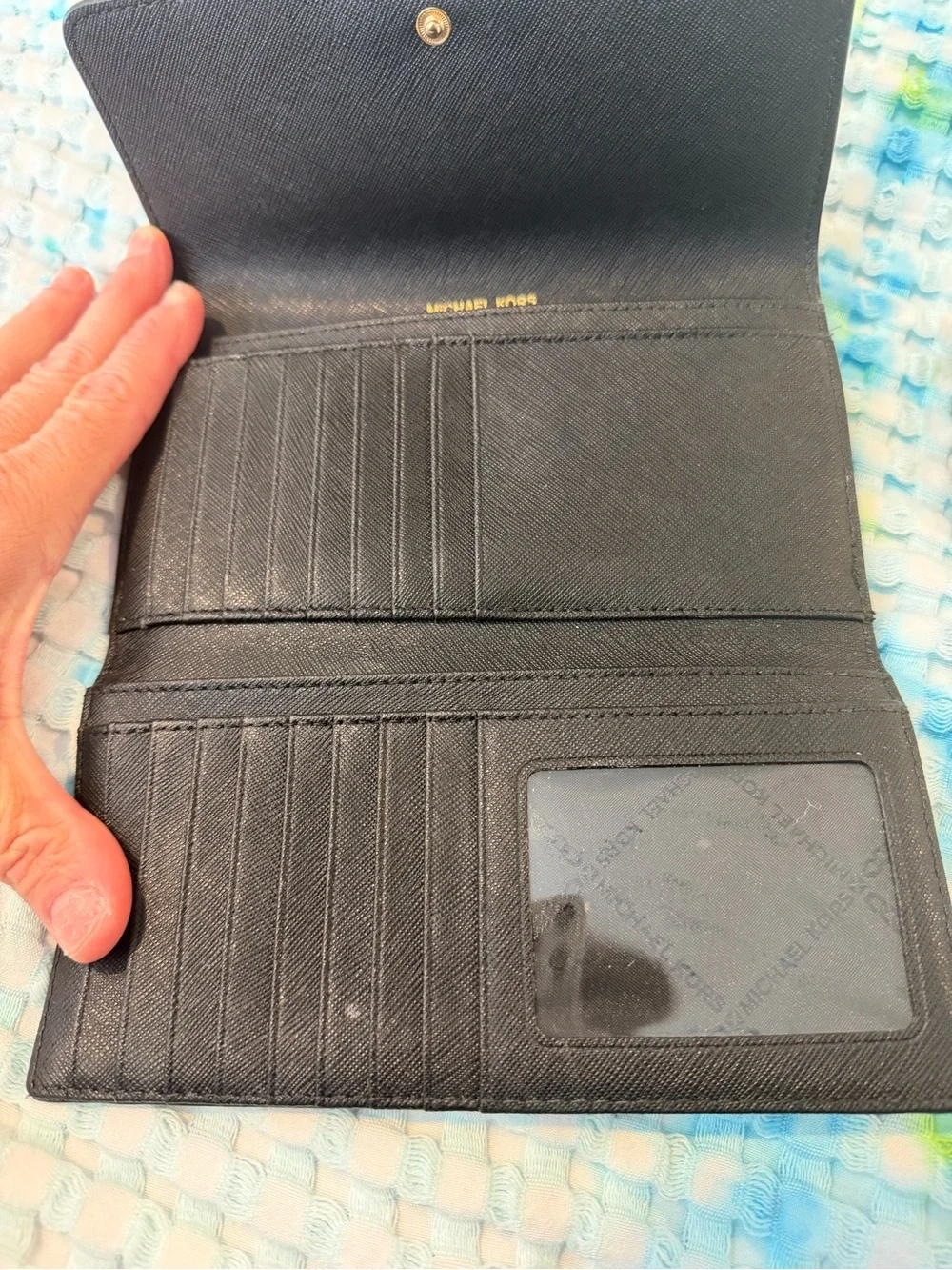 Michael Kors Black Textured Leather Card Wallet with Gold Logo